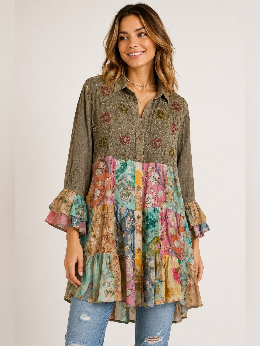 Young Threads Patchwork Floral Embroidered Babydoll Tunic Top Small NWT Boho